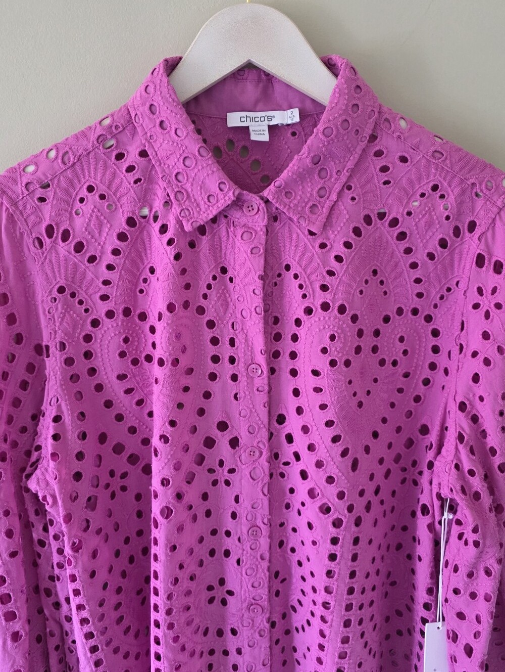 NWT Chico’s L Boho Romantic Resortwear Orchid Pink Eyelet Balloon Sleeve Blouse - Picture 5 of 16